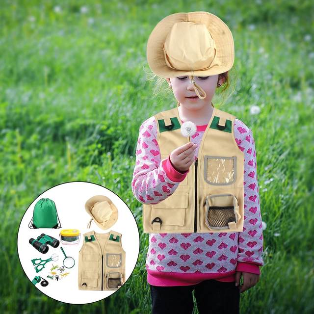 Vogacara Chaleco de explorador para niños, sombrero para acampar al aire  libre, senderismo, trajes de aventura, traje de Cosplay con Juegos de  césped Verde