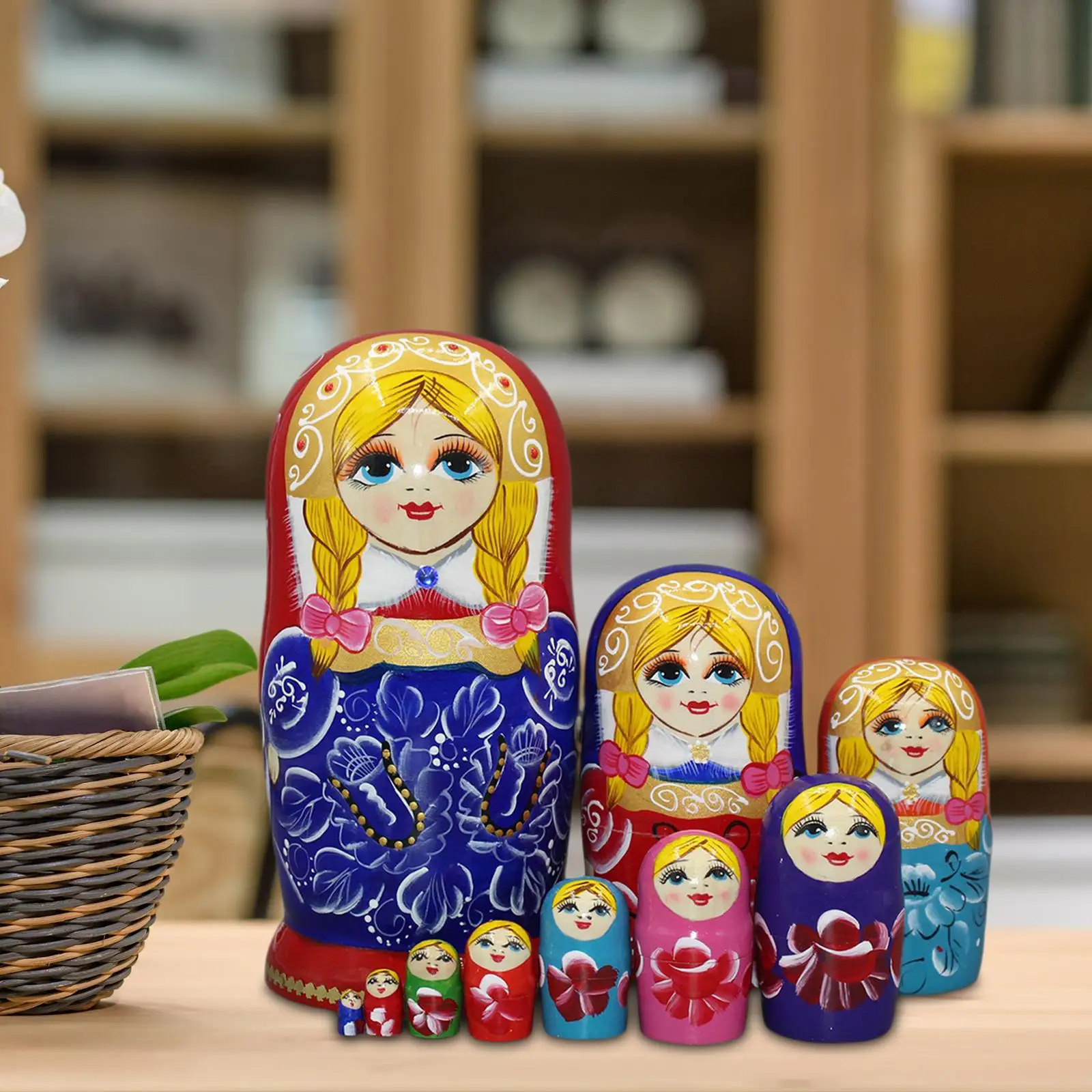 10Pcs Cartoon Russian Nesting Doll Matryoshka Doll Wood Stacking Toy Collectible Ornament Nesting Doll for Table Room Office