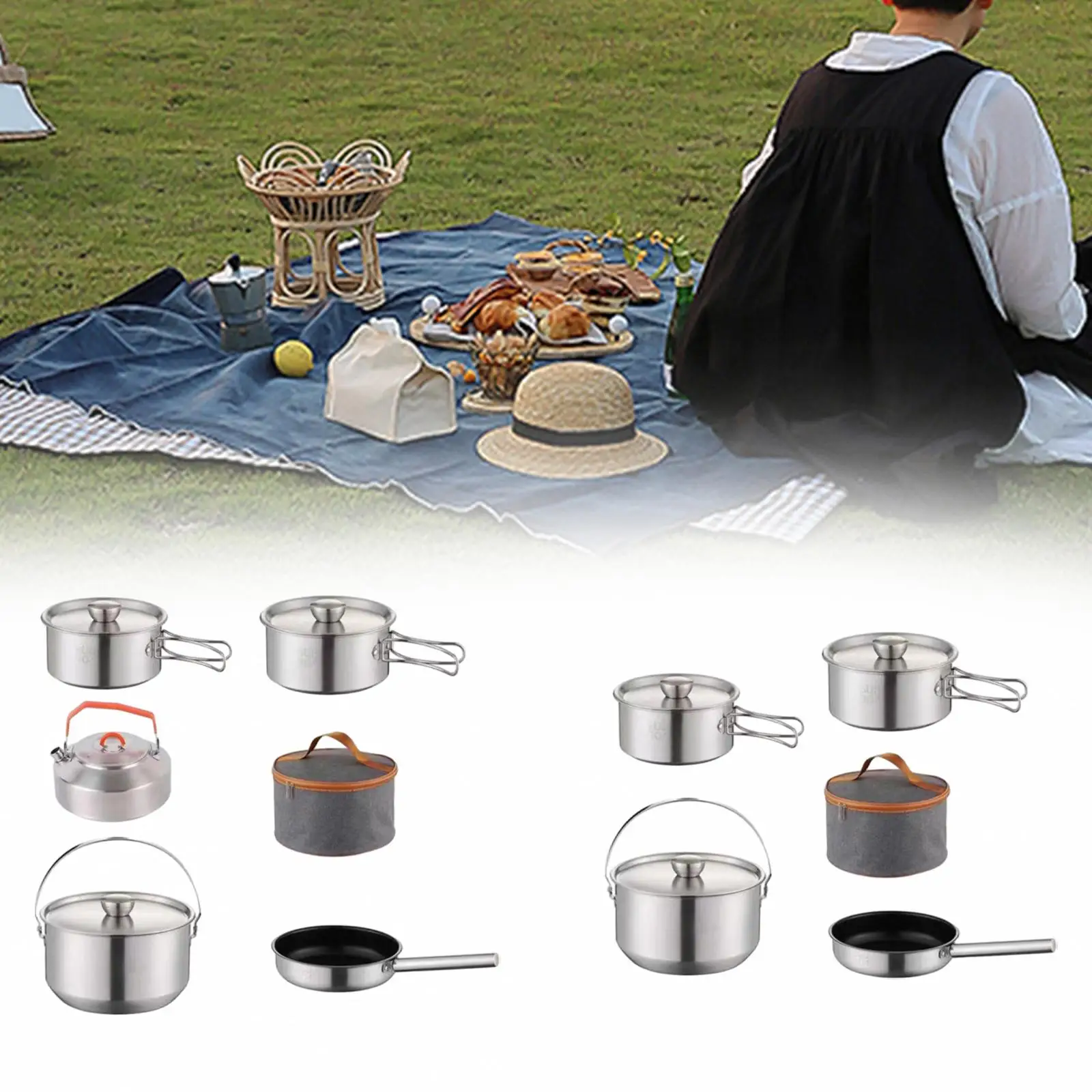 Camping Cookware Kit Outdoor Pot Stainless Steel Lightweight Cooking Set Cookset for Dinner Kitchen Travel Family Backpacking