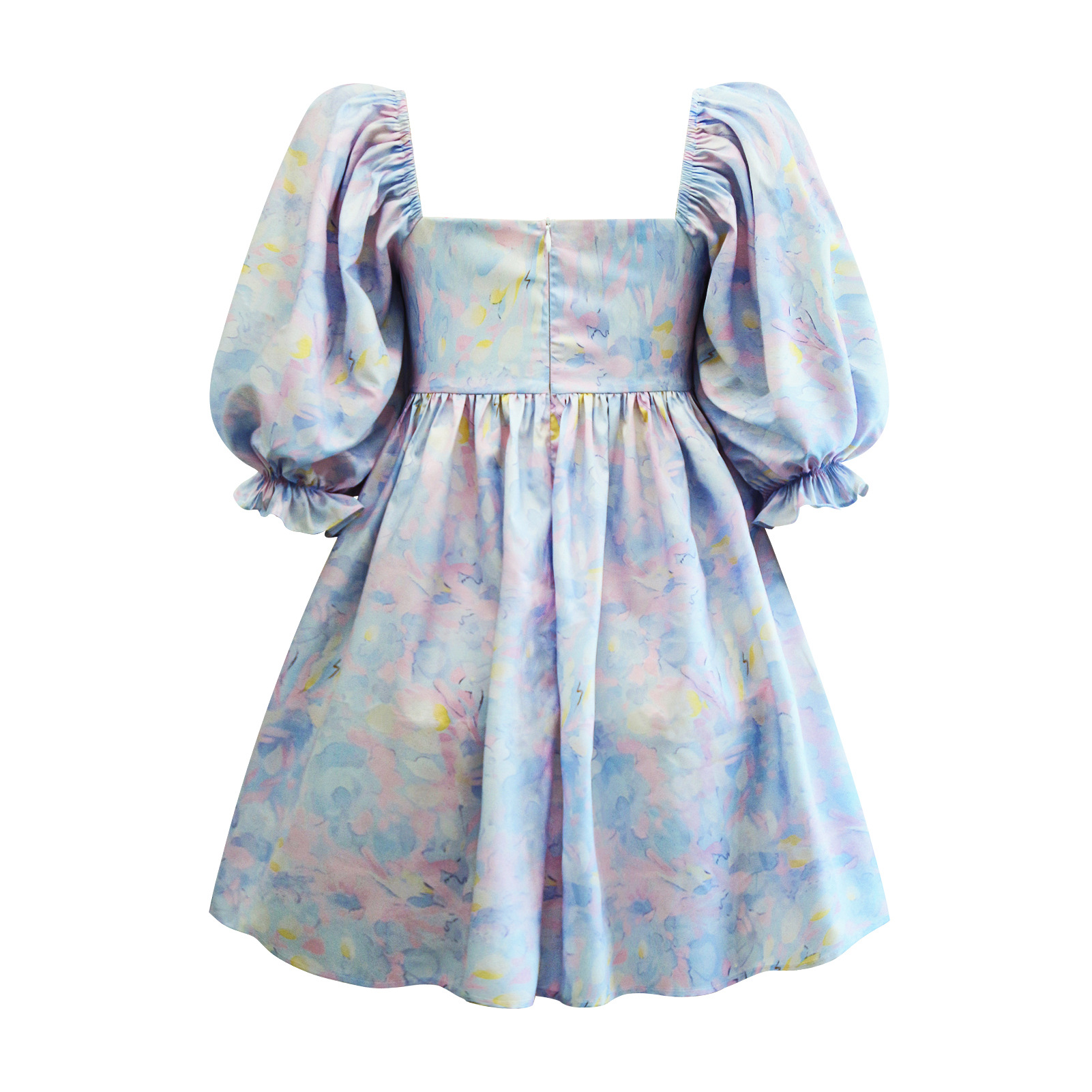 Novo feminino quadrado-pescoço inchado vestido francês floral