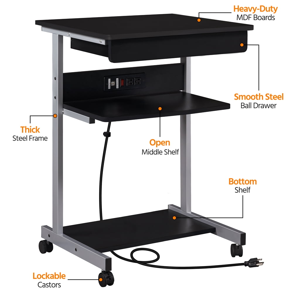 Description Picture 5 of itemSMILE MART 22in Rolling Laptop Computer Table with Power Outlet for Home, Black standing desk converter desk table