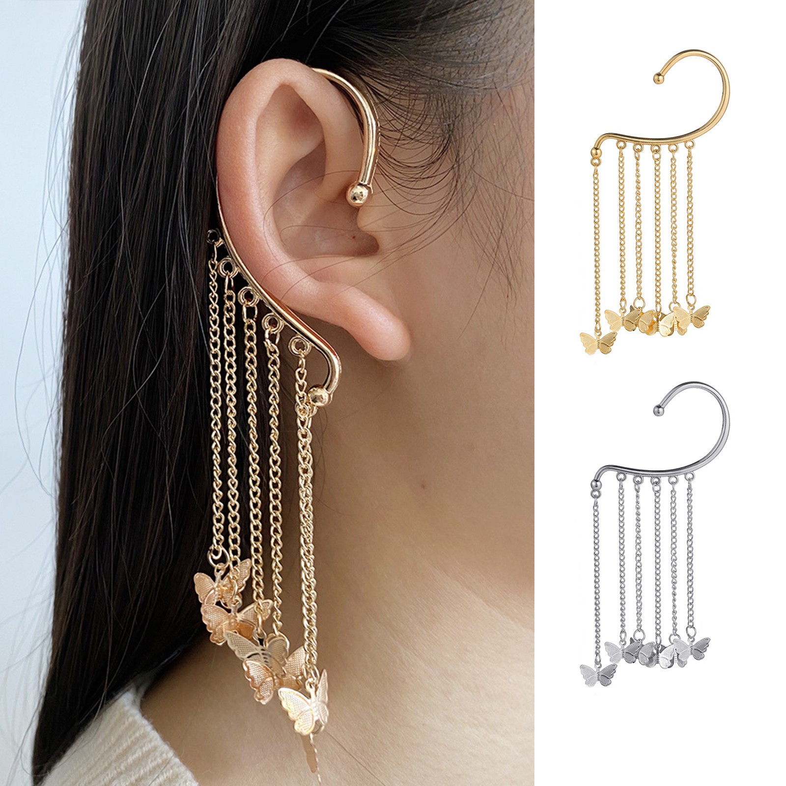 Gothic Irregular Ziron Tassel Ear Cuff Earrings Asymmetrical