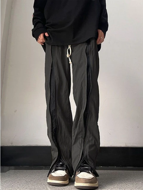 American trendy brand men black zipper design slit slightly flared