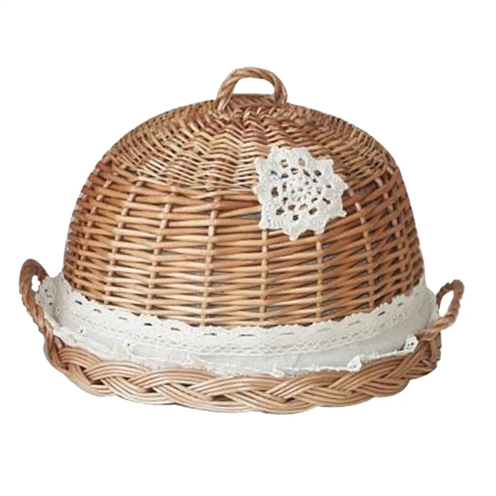 Food Dome Lid and Serving Tray Rattan Wicker Woven Brown Round Lightweight Kitchen Decoration Handcrafted 30CX20cm with Handles