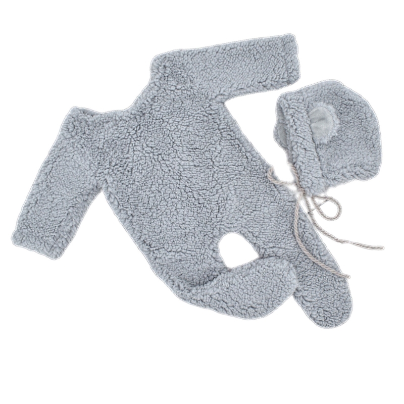 Baby Foto Schießen Requisiten Berber Fleece Bär Ohr Hut & Overall Set Neugeborenen Foto Requisiten Infant Fotografie Outfit 2PCS – Detail 8