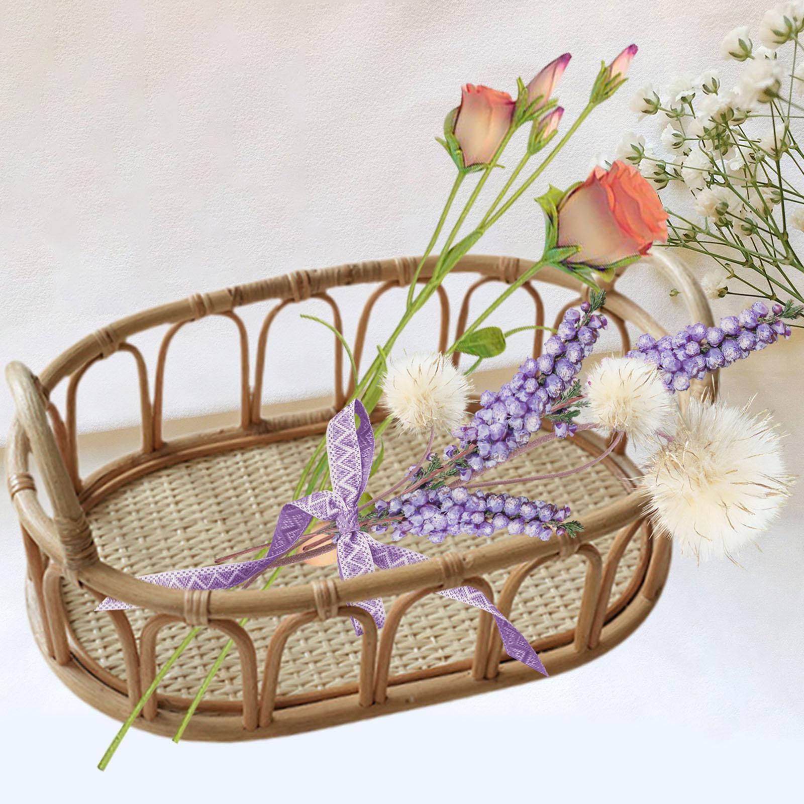 Rattan Basket Oval Shelf Decorative with Handles for Fruits Sundries Snacks
