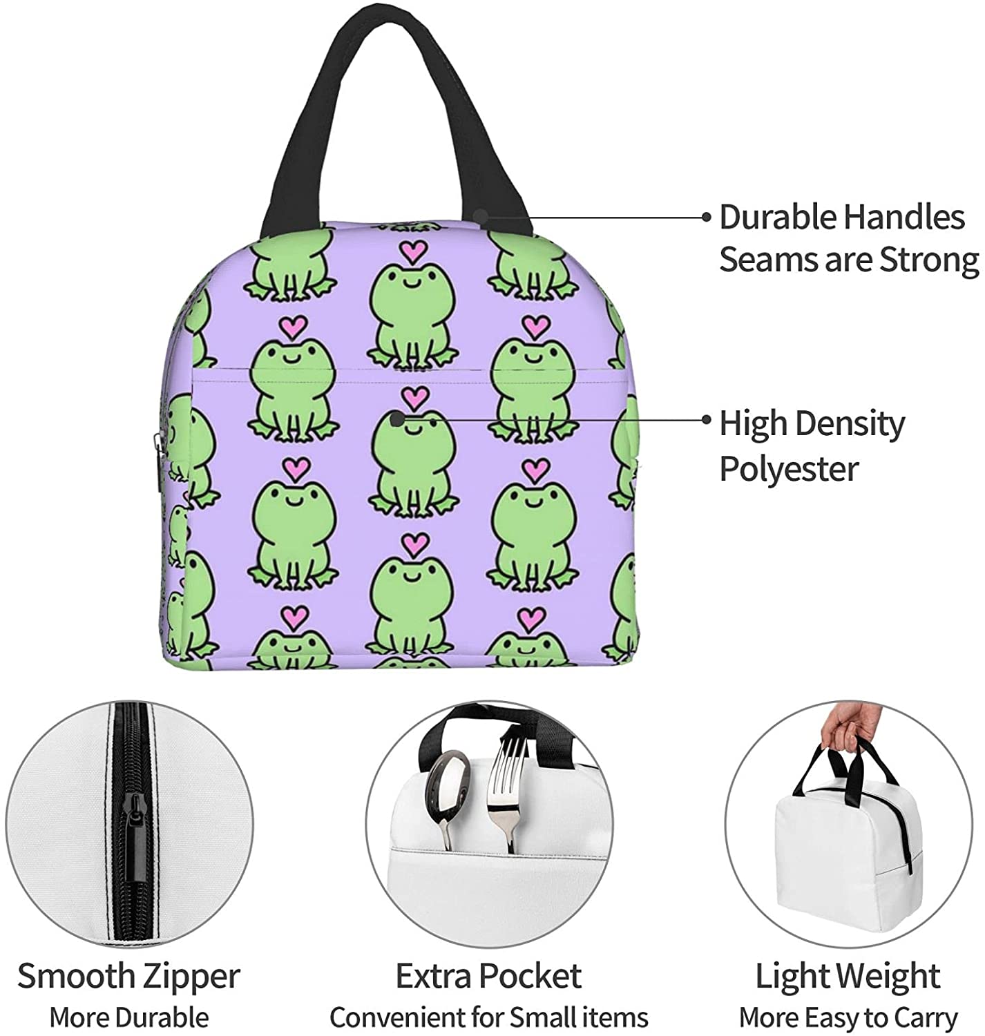 kawaii sapo amor lancheira reutilizável térmica almoço saco de comida recipiente bento tote saco para mulheres homens adultos trabalho viagem piquenique