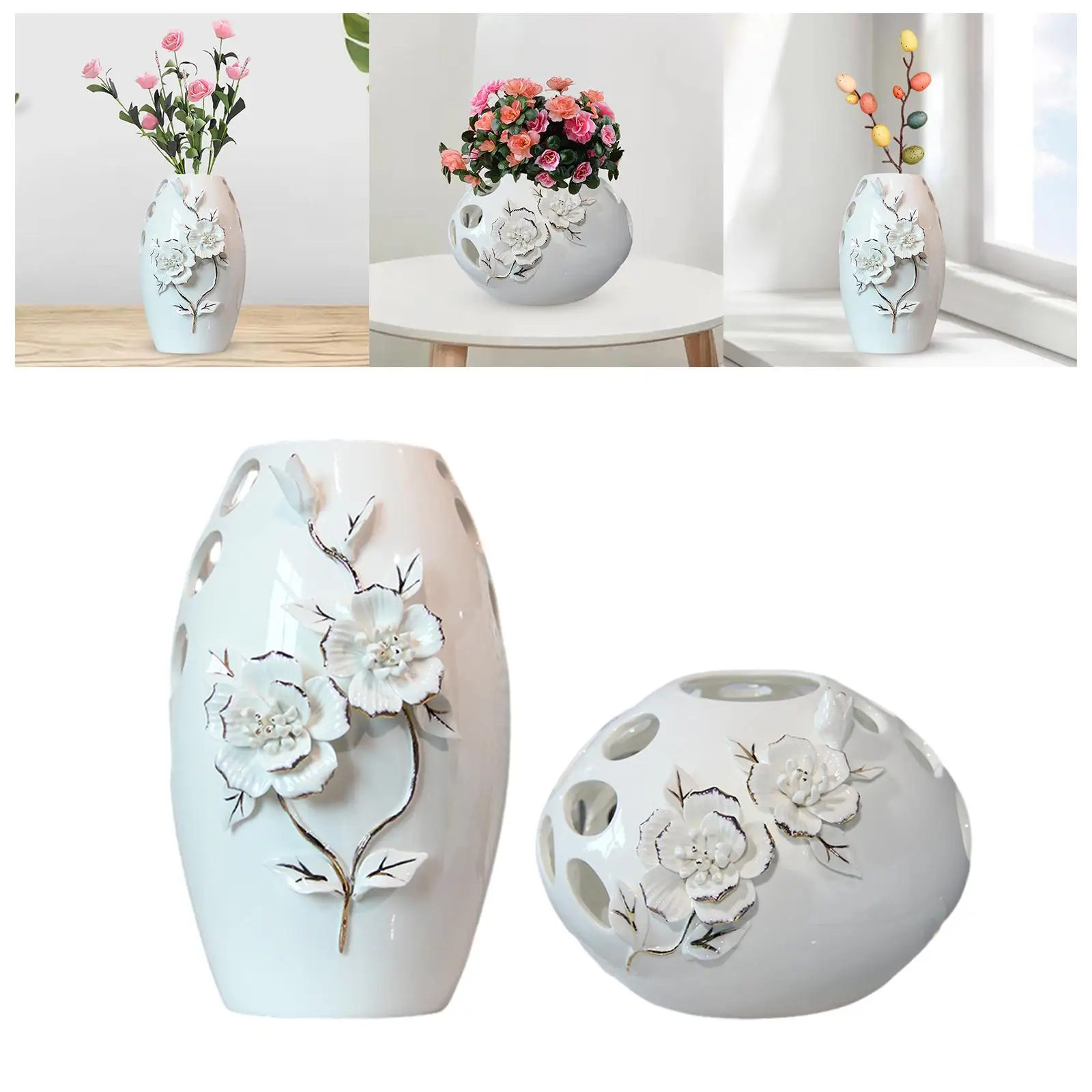 White Ceramic Vase Table Ornament Hollow Out for Mantel End Table Decor Fireplace Dresser Home Office Bedroom Multifunctional