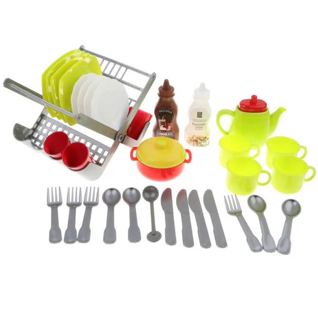 Simulated  Playset - Cups, Cutlery, Saucepan, Dish & Drainer, Set of 34