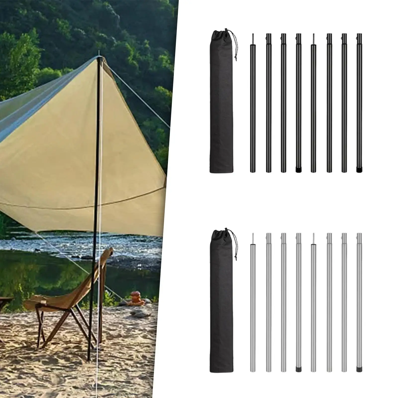 Tent Poles Canopy Pole Detachable Awning Support with Storage Bag Replacement Tarp Poles for Camping Tent Tarp Home Backyard