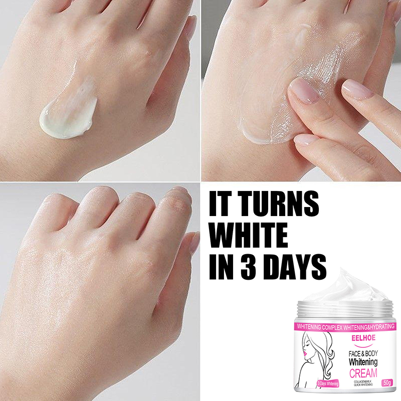 A hand applying cream in three progressive stages, with text stating, "It turns white in 3 days" and an image of a product labeled "Skin Lightening Cream.