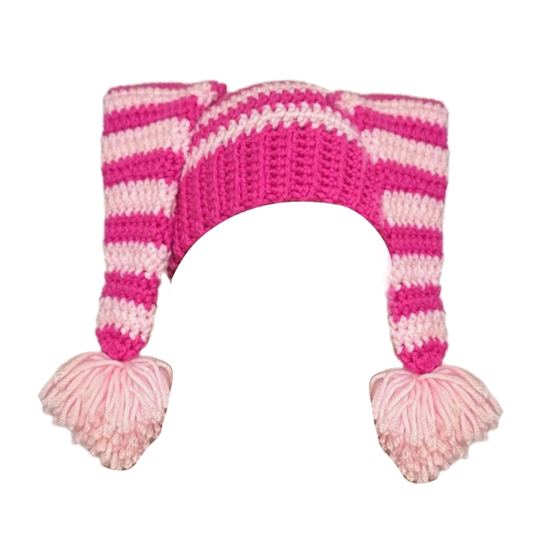 Clown-Hut, handgefertigte Kopfbedeckung für draußen, gestrickt, gestreift, Garn, große Strickohren, Wintermütze, Rot – Detail 8