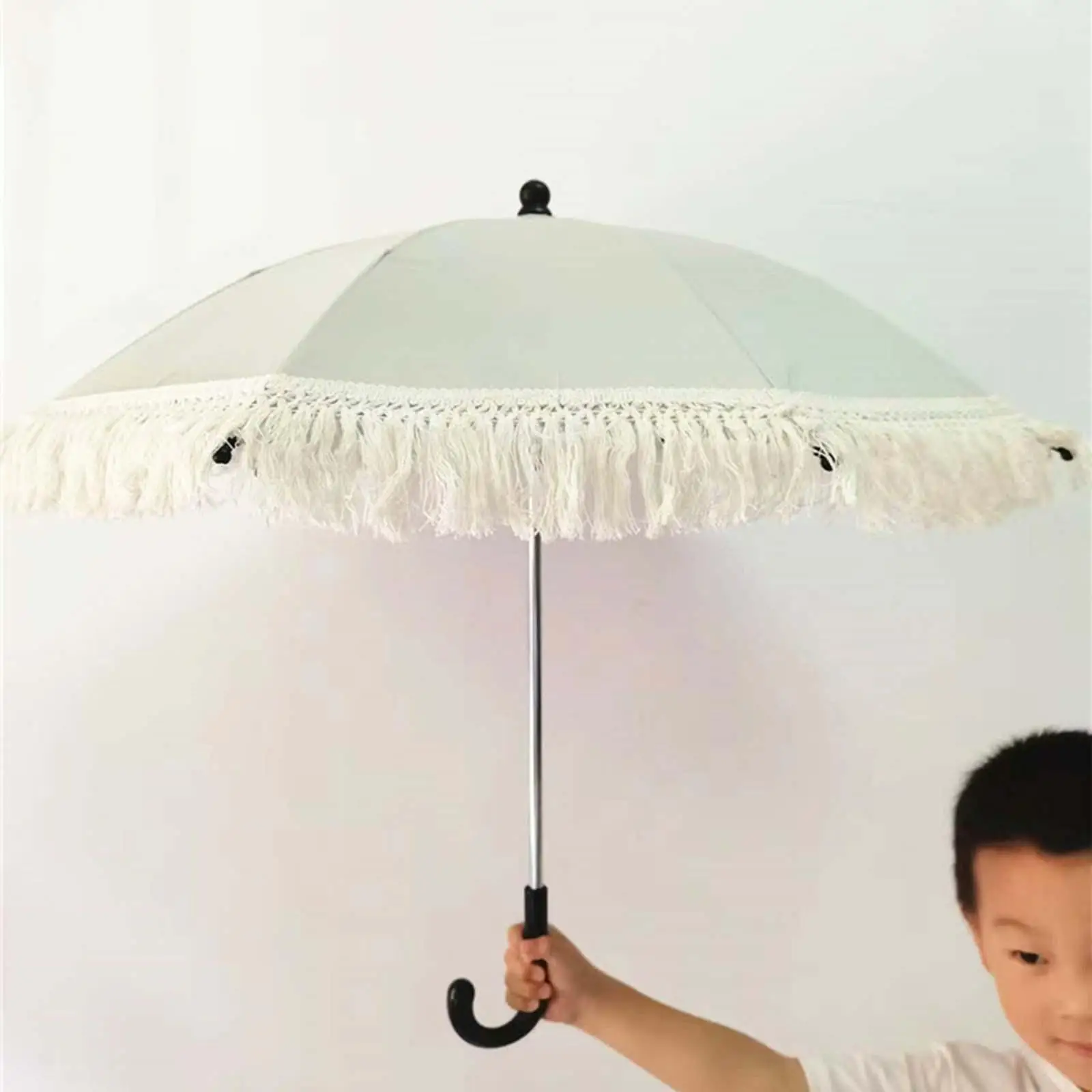 Baby Parasol with Tassel Children`s Outdoor Umbrellas J Hook Handle Bohemian Kids Umbrella for Photography Props Boys and Girls