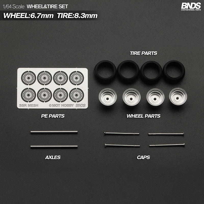 BNDS 1/64 Metallräder mit Gummireifen, Legierungsdesign, Felgen, Detail-up-Teile, JDM VIP-Stil für Modellfahrzeuge, 8,3 mm, 4-teiliges Set – Detail 2