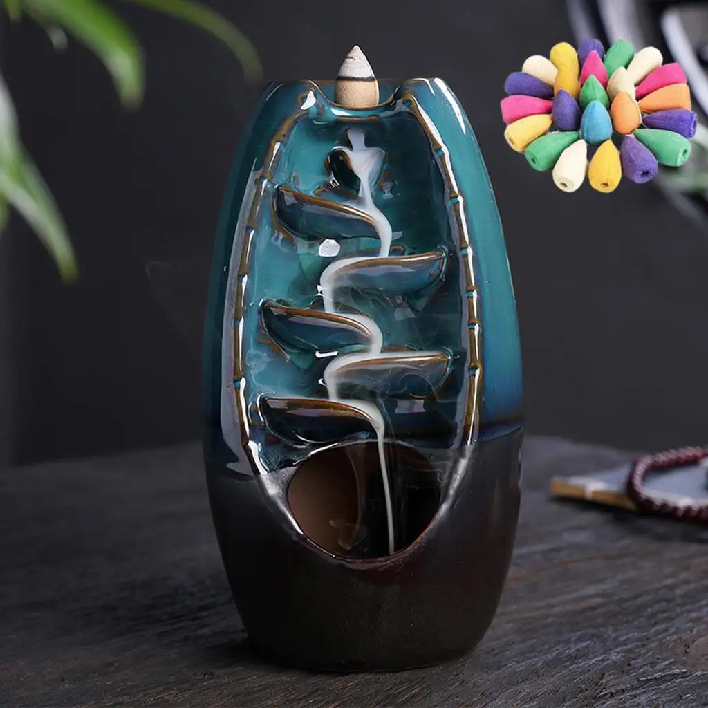 Ceramic Backflow Incense Burner, Censer Flowing Back Incense Cones Holder for Yoga Meditation SPA Aromatherapy, Tea House