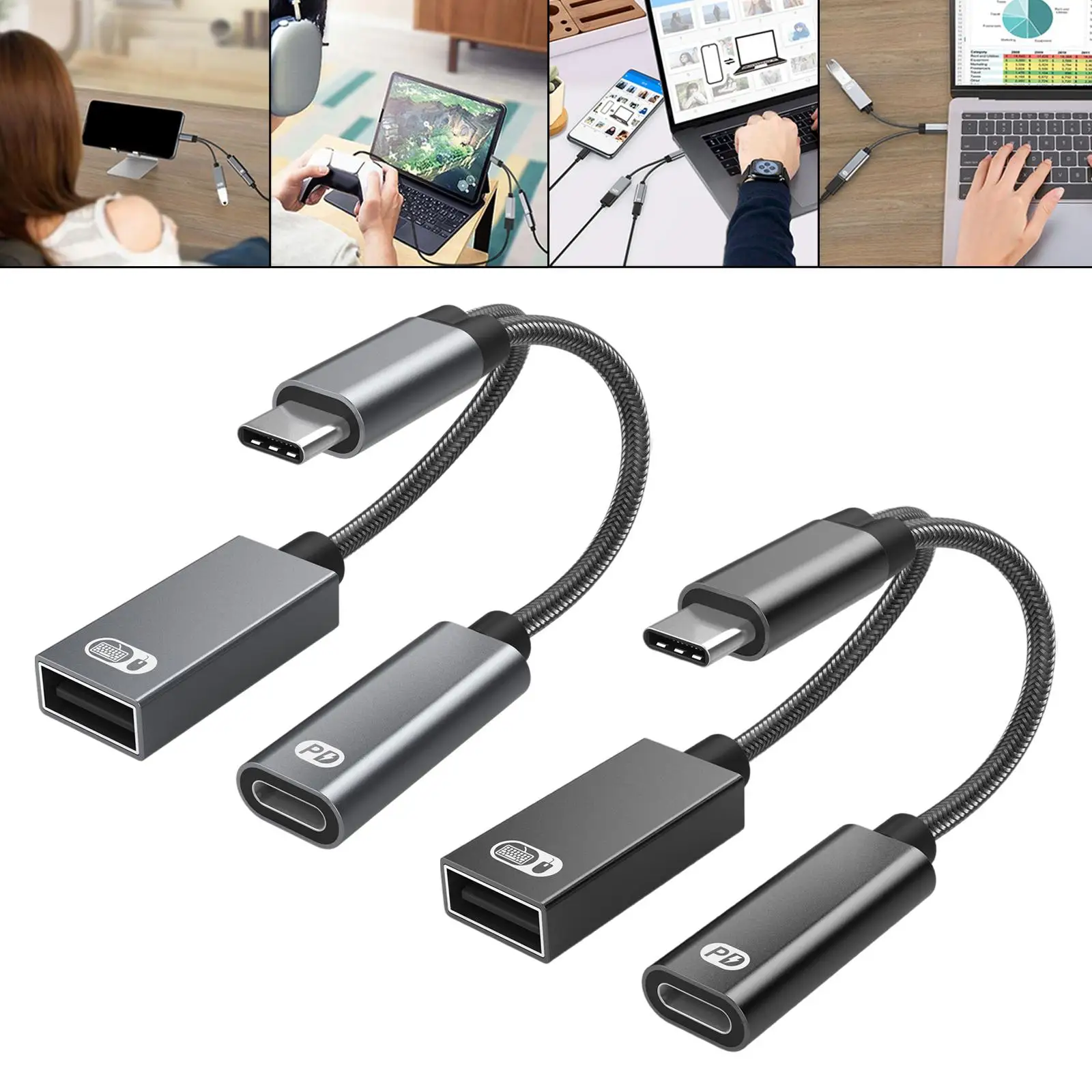 USB C OTG Adapter with Fast Charging PD 60W 2 in 1 Usb-C Splitter for Smartphone