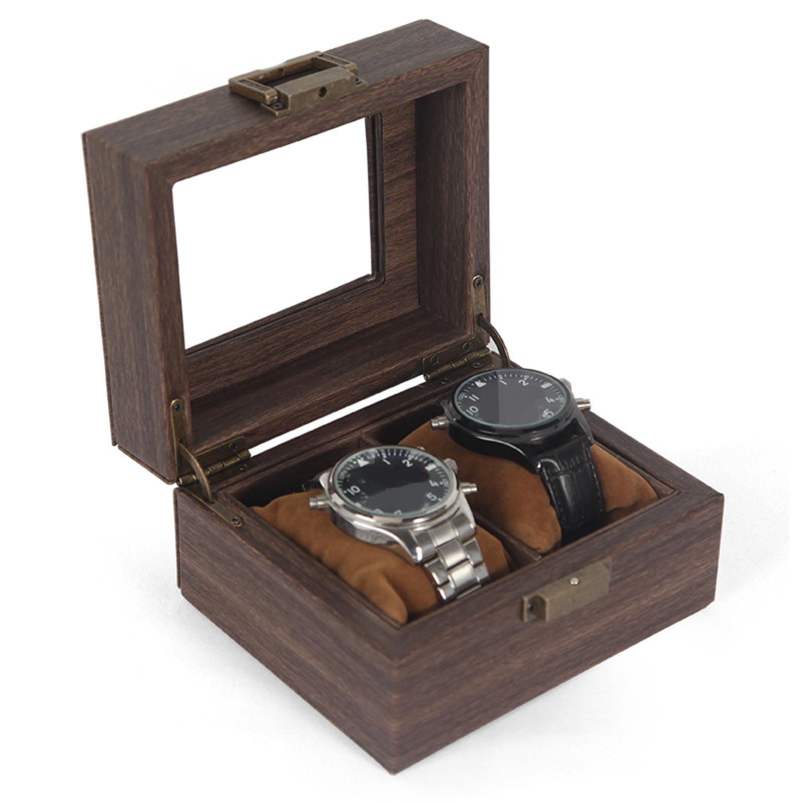 Watch Display Case and Lock Portable W/Clear Top Wooden 2 Slot Jewelry Organizer Wrist Storage Box for Gifts Men Women