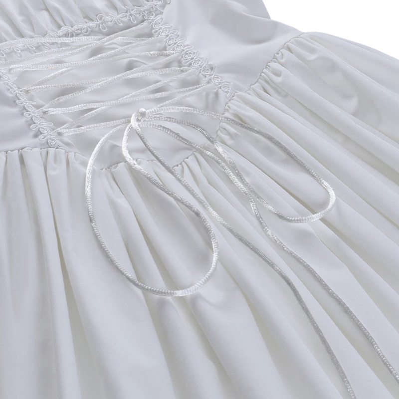 Süßes A-Linien-Kleid mit Puffärmeln für Damen, Sommer, Fairycore, Lolita, einfarbig, Bandage, Spitzenbesatz, kurze Kleider für Halloween-Party – Detail 8