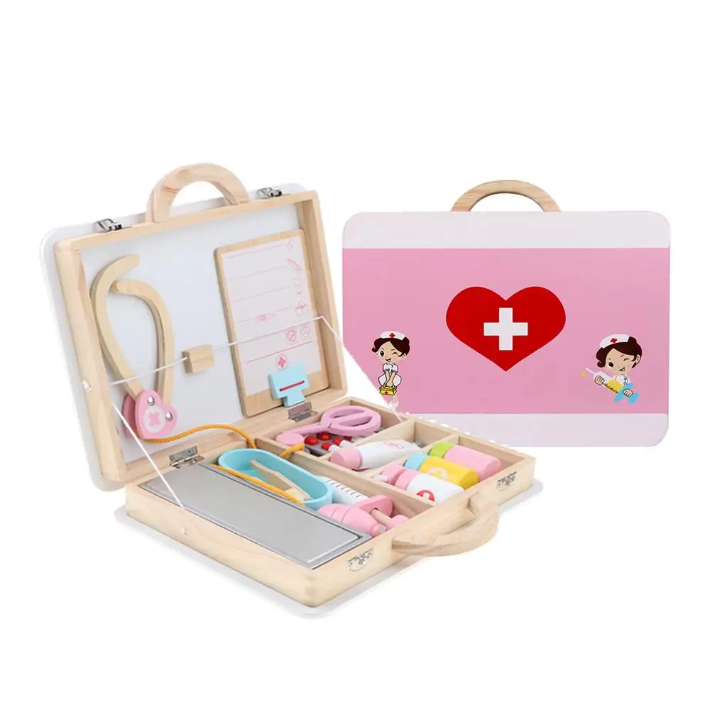 Wooden Doctor Nurse Tool Carry Case Role Playing Set Kids Creative Toy