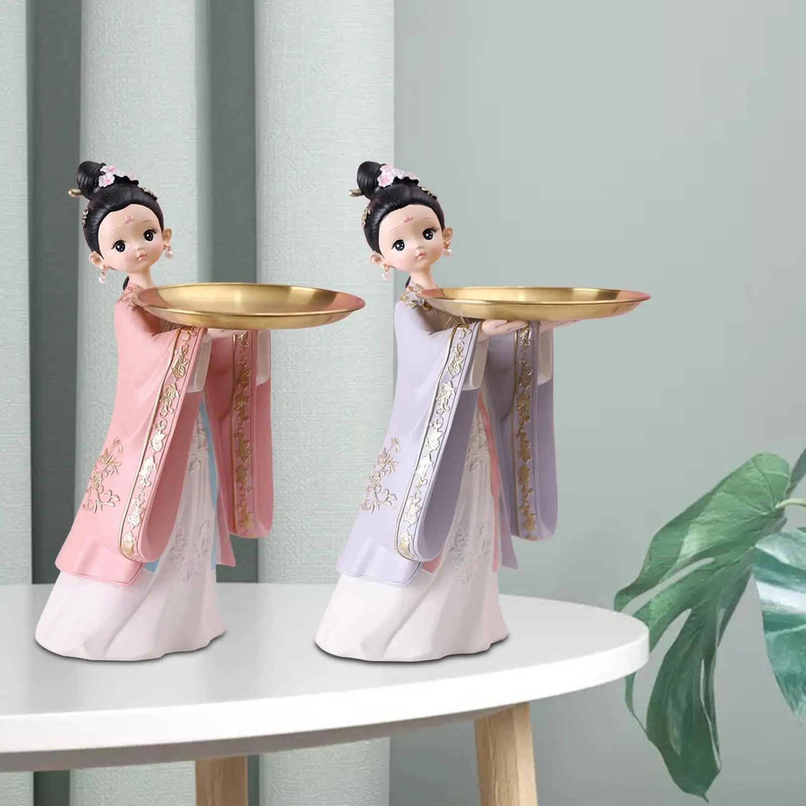 Girl Resin Statues Figurine Sculptures Jewelry Storage Counter Holder Decorative Serving Tray for Candy Table Decor Living Room