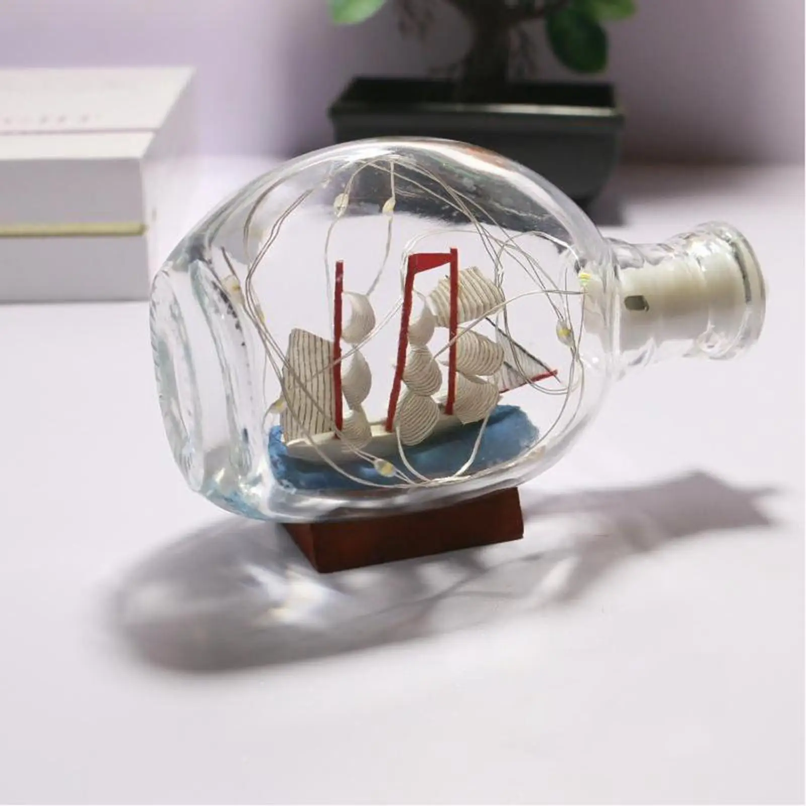Glass Nautical Statue Sailboat Figurine LED Night Lights Sailing Ship Model Ocean for Celebrations Ornament Cabinet Living Room