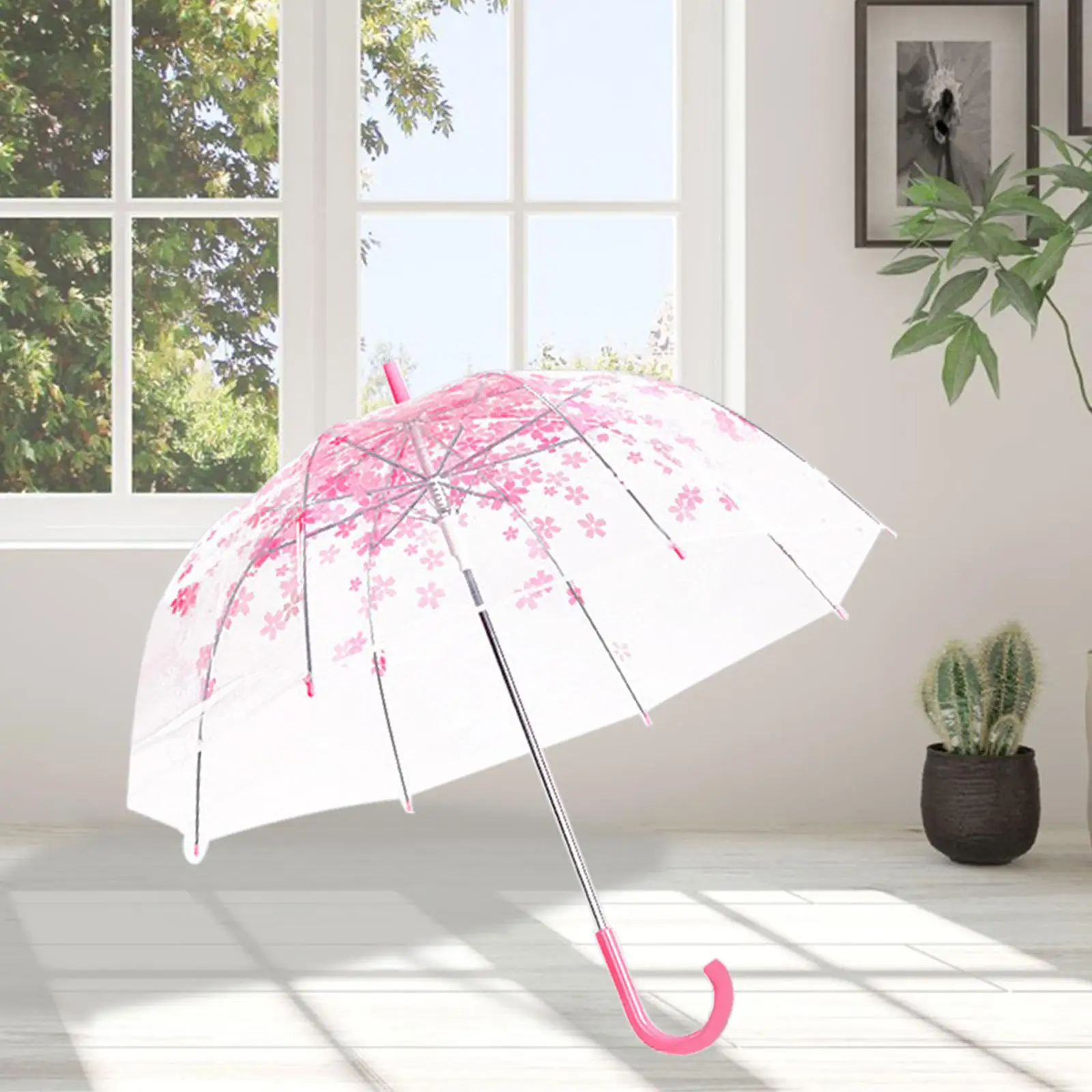 Transparent Umbrella Cherry Blossom Womens Windproof Stick Umbrella Clear Bubble Umbrella for Travel Weddings Picnics Beach