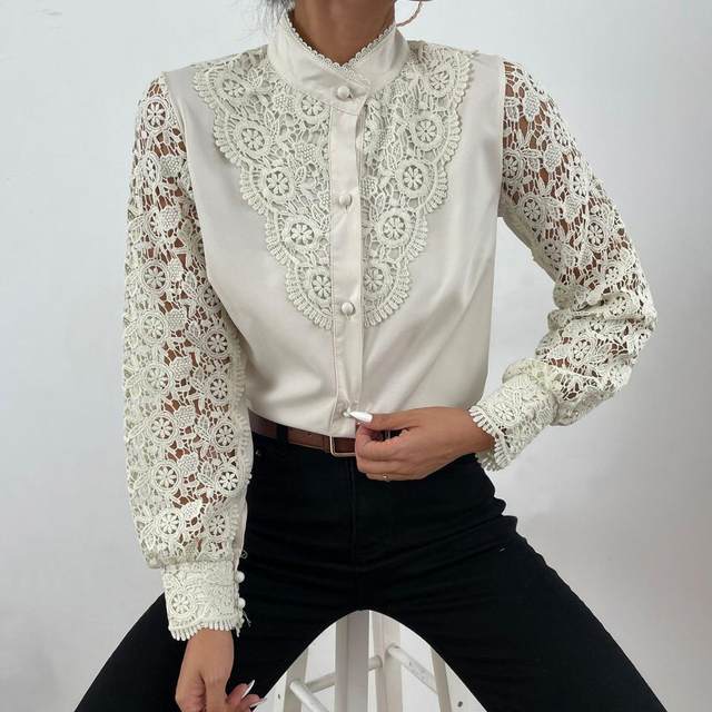 Women Sexy Lace Patchwork Shirt Stand Collar Long Sleeve Faux Pearl Buttons  Embroidery Hollow Flower Pattern Elegant Blouse