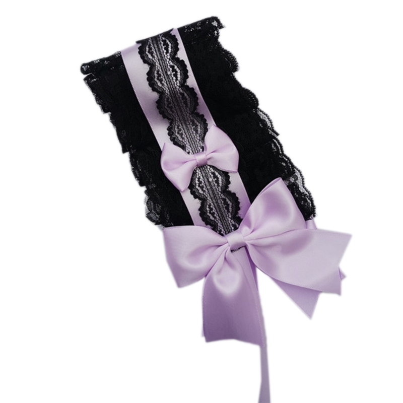 Anime Maid Stirnband für Mädchen Lolita Rüschen Spitze Stirnband mit Band Bowknot Comic Show Mode Frauen Haarband Kopf bedeckung – Detail 5