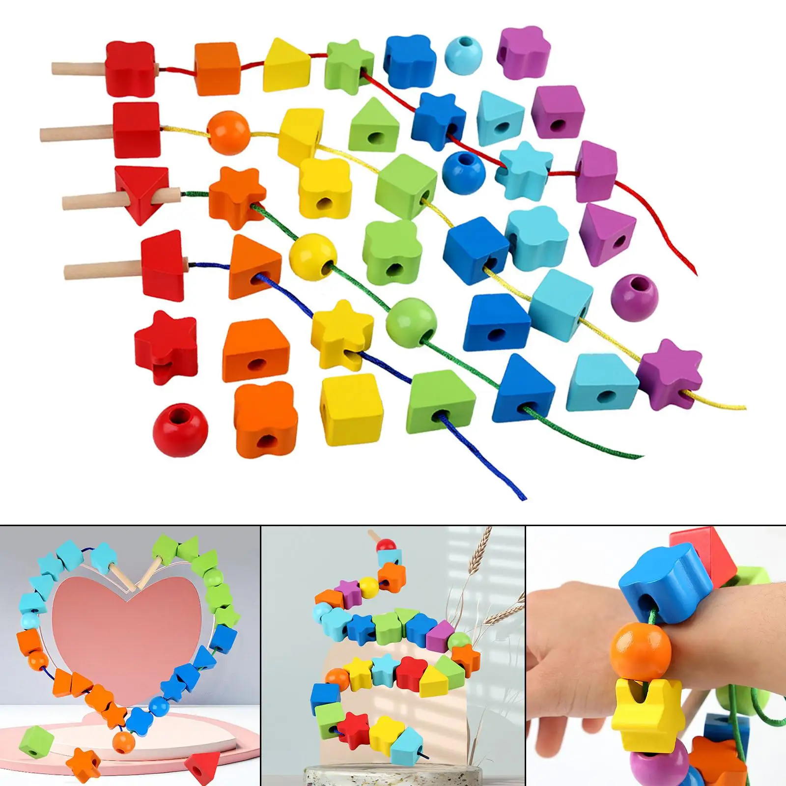Lacing Wooden Toys Ages 3-5 Threading Beads rainbow String Preschool