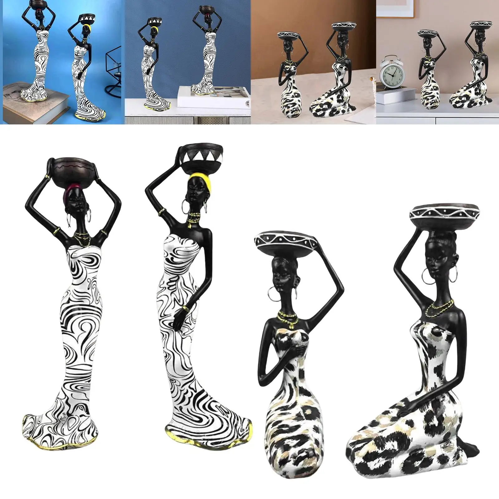 2pcs Abstract African Statues Candle Holder Tribal Lady Sculpture Votive Candles Ornament for Living Room Party Event