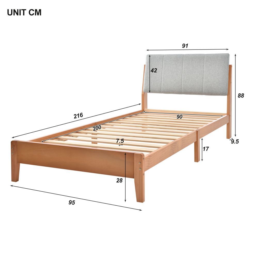 Wooden Bed, Single / Double Bed, Upholstered Headboard, Youth Bed, Adult Bed, Frame Made of Pine Wood (90x200cm / 140x200cm)