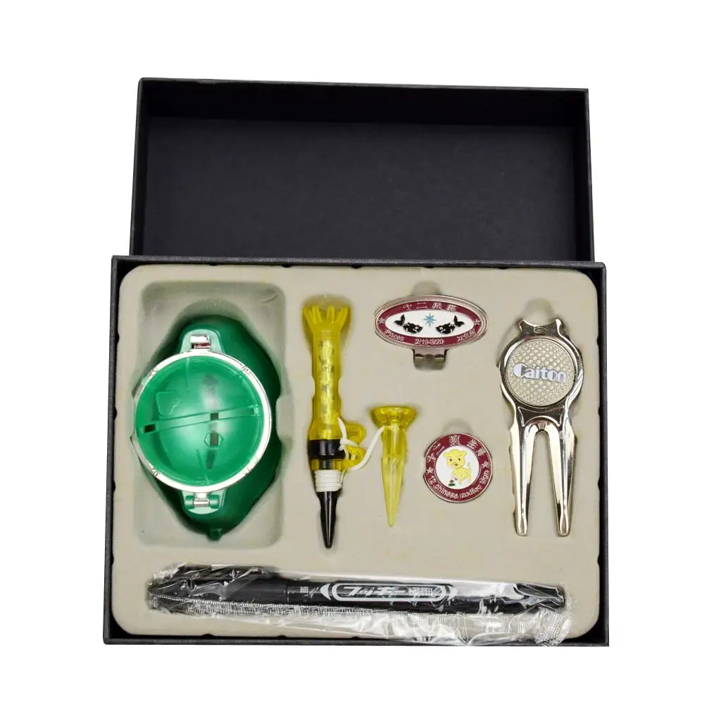 Golf gift box with golf ball liner, t shirts, divot tool, hat clip & ball marker