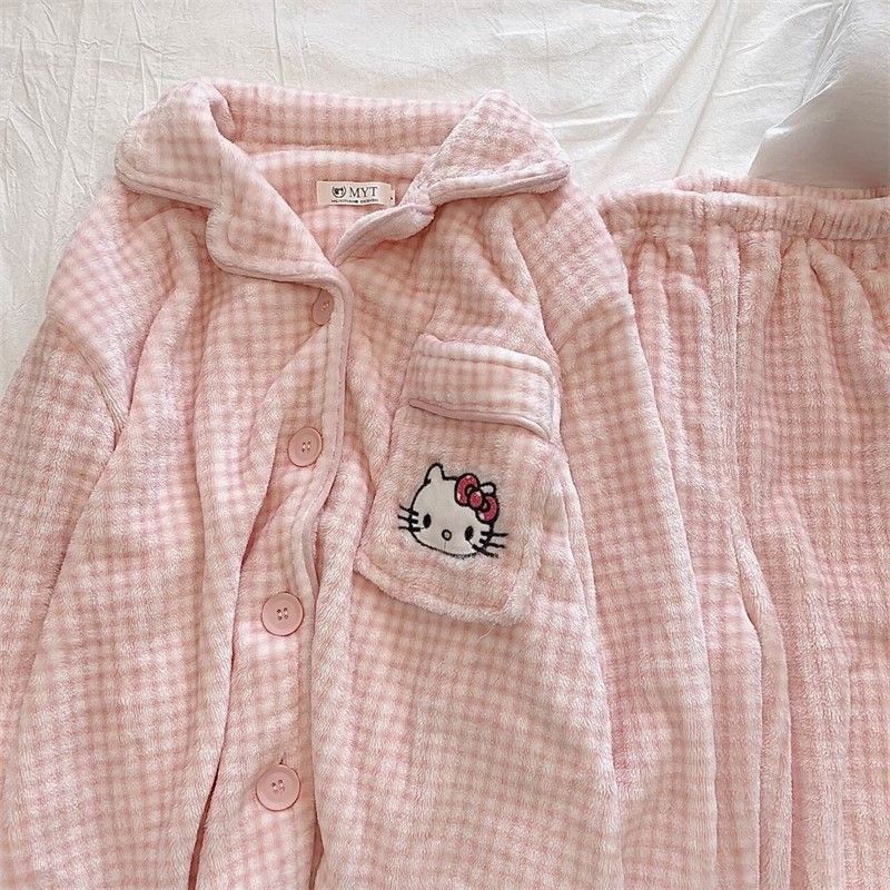 Hello Kitty Pajamas Sanrio Anime Kawaii Cute Cartoon Plush Thickened Nightshirt Set