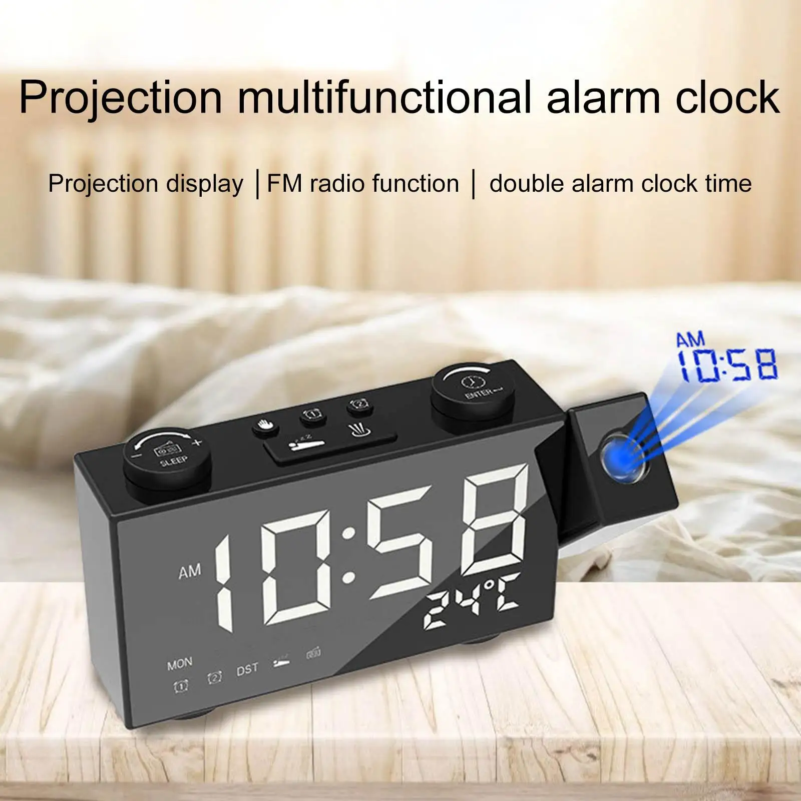 Projection Alarm Clock 6 inch LED Display Dual Alarm Clock Battery Backup 180 Rotable Projection for Wall Office Kid Elderly
