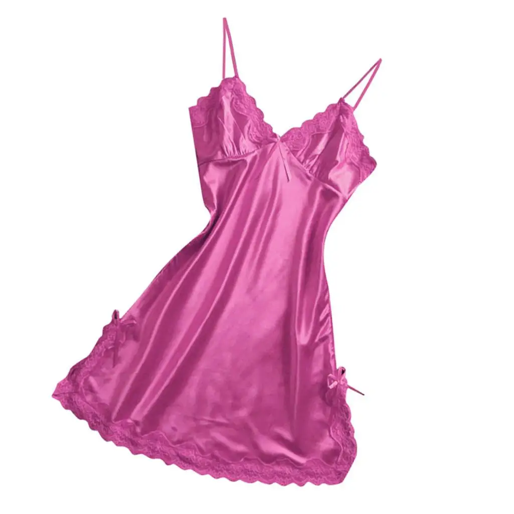Satin Nightgown  Lace Bowknot Chemises Slip Dress For Women