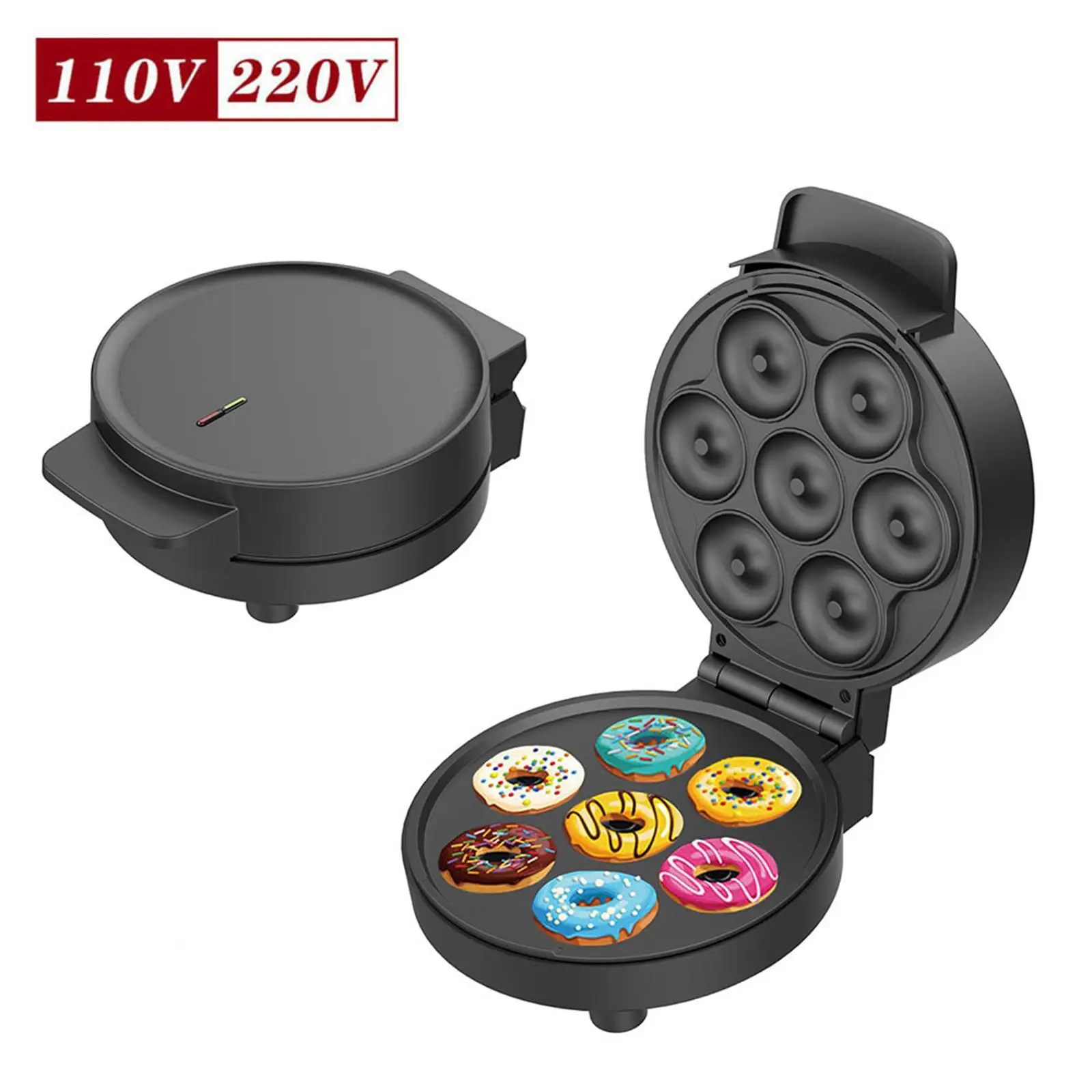 Donut Maker Machine with Indicator Light Makes 7 Doughnuts Double Heating Egg Cake Bread Baking Machine for Commercial Use Snack