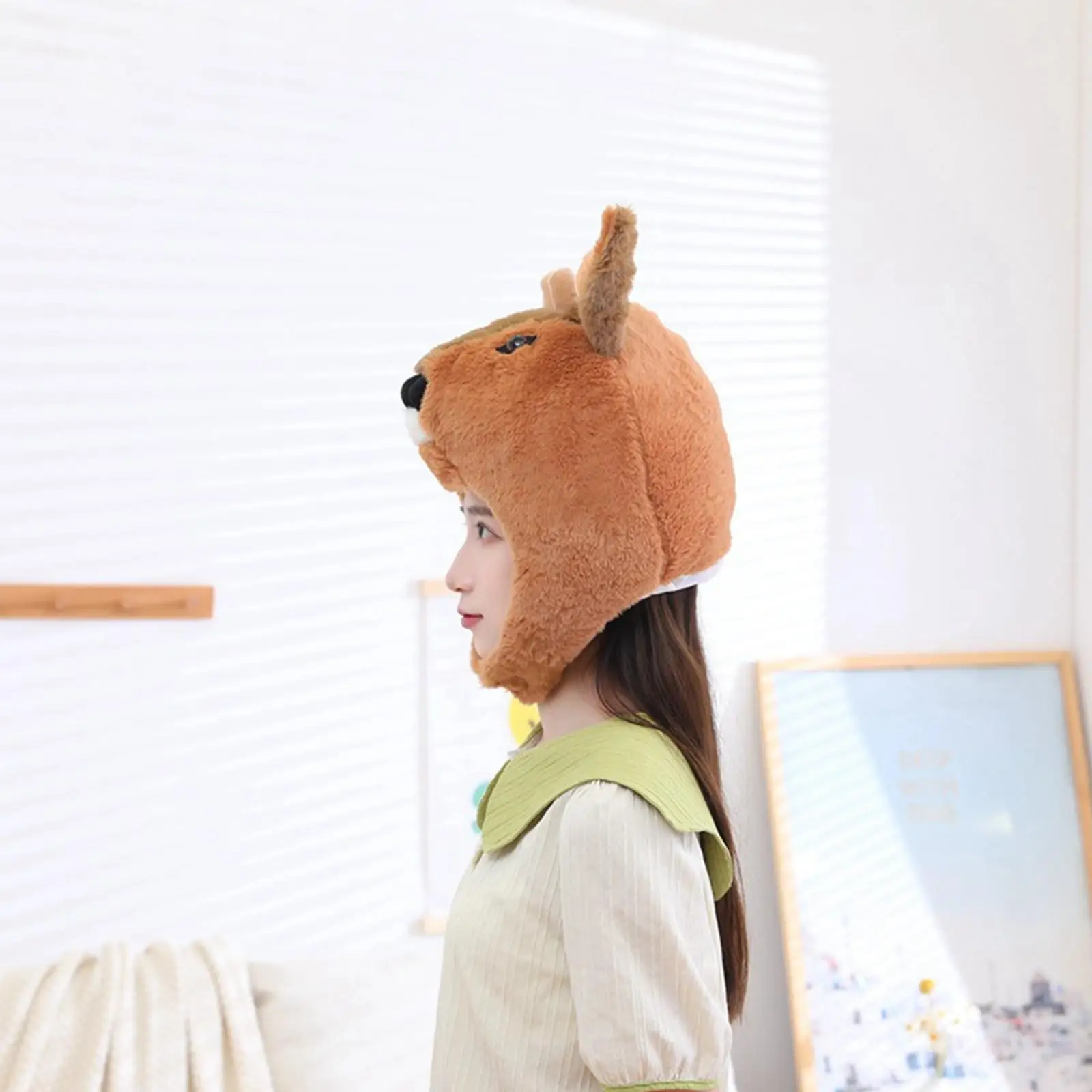 Cartoon Plush Roe Deer Hat Cap Funny Winter Costume Accessory Gifts Headgear Headwear for Holiday Christmas Cosplay Party Girls