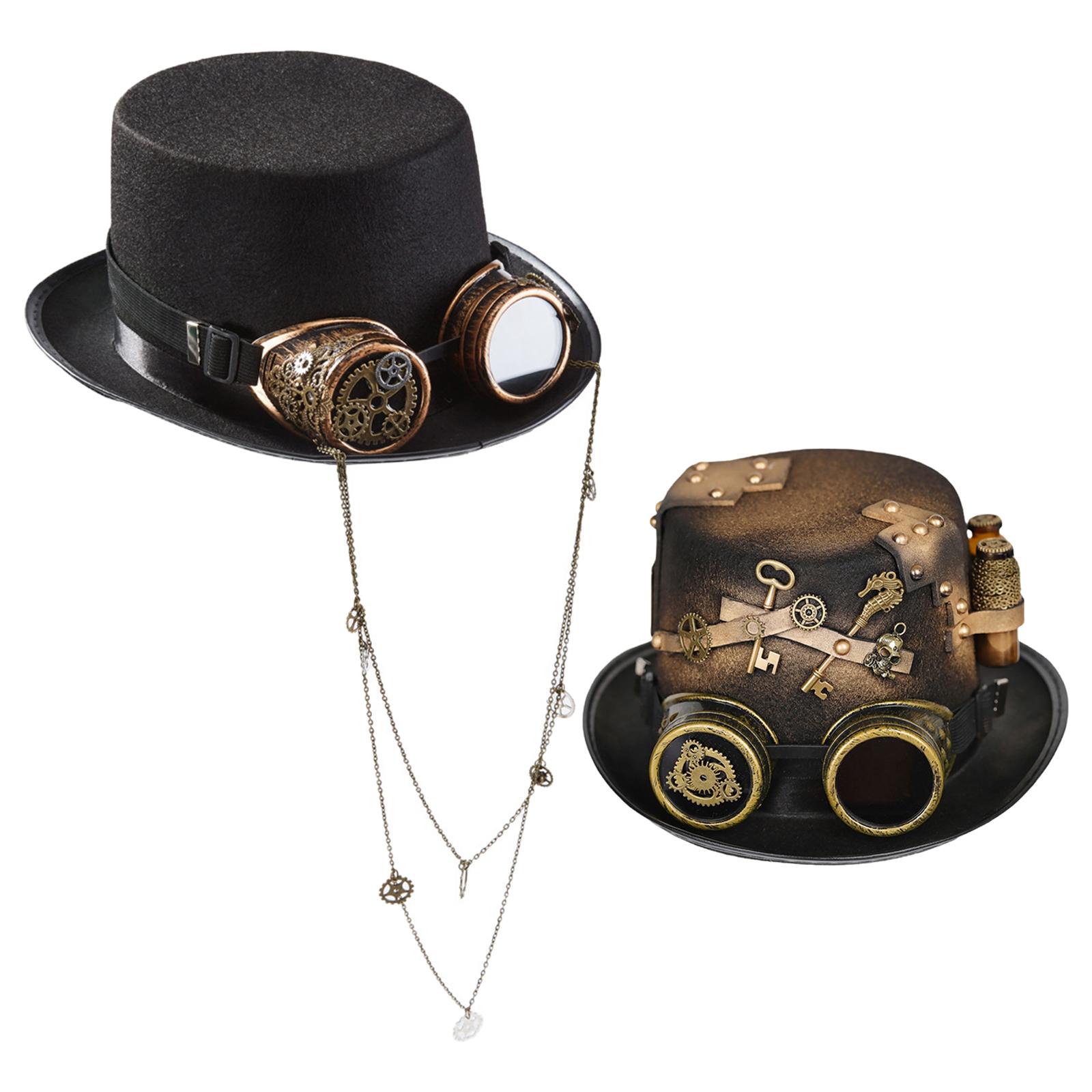 2 Count Gothic Steampunk Top Hat with Goggles, Premium Material Accessories Strap Adjustable DIY Yourself Renaissance Costume
