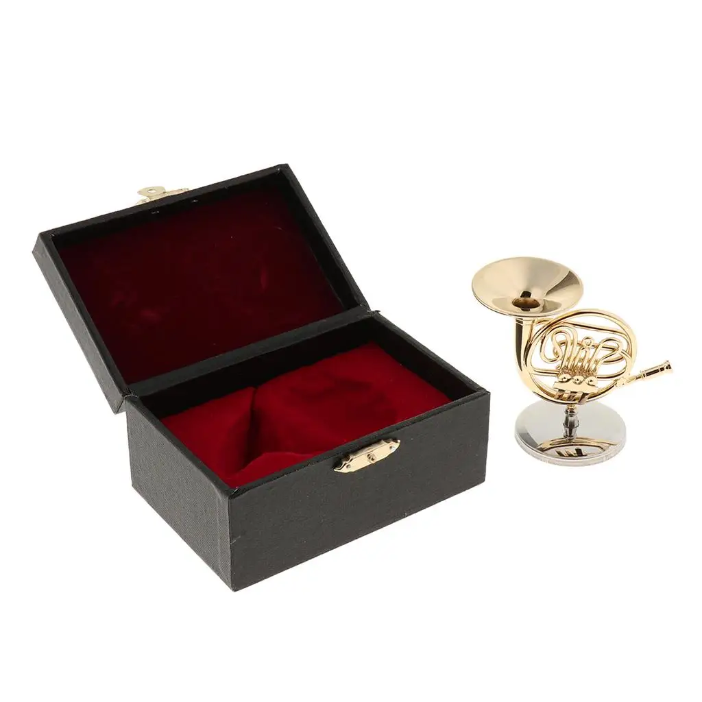 Brass Horn Model Miniature French Horn with Storage Case for Office House Studio Accessory