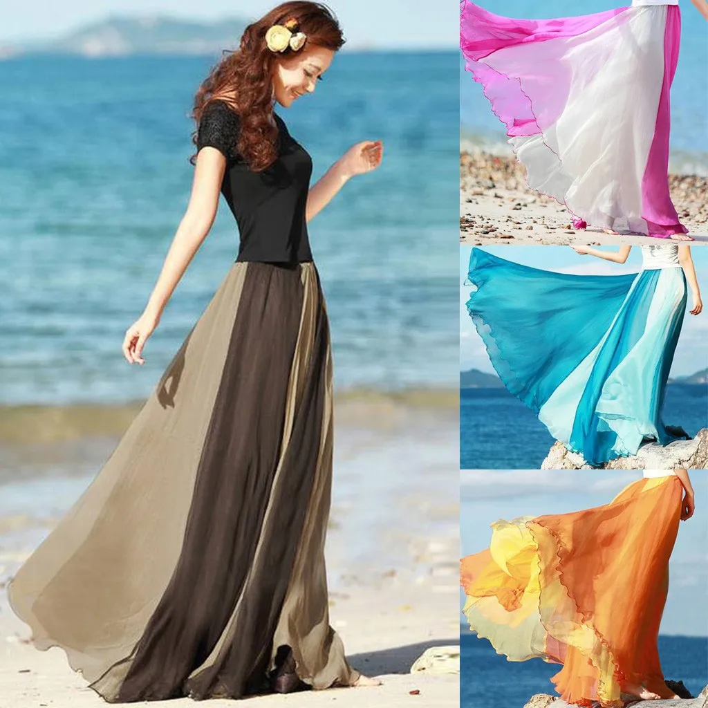 Summer Beach Elegant Long Maxi Skirts Fashion Women Full Circle Skirt  Flowing Color Matching Chiffon Bohemian Skirts Jupe Femme - Skirts -  AliExpress