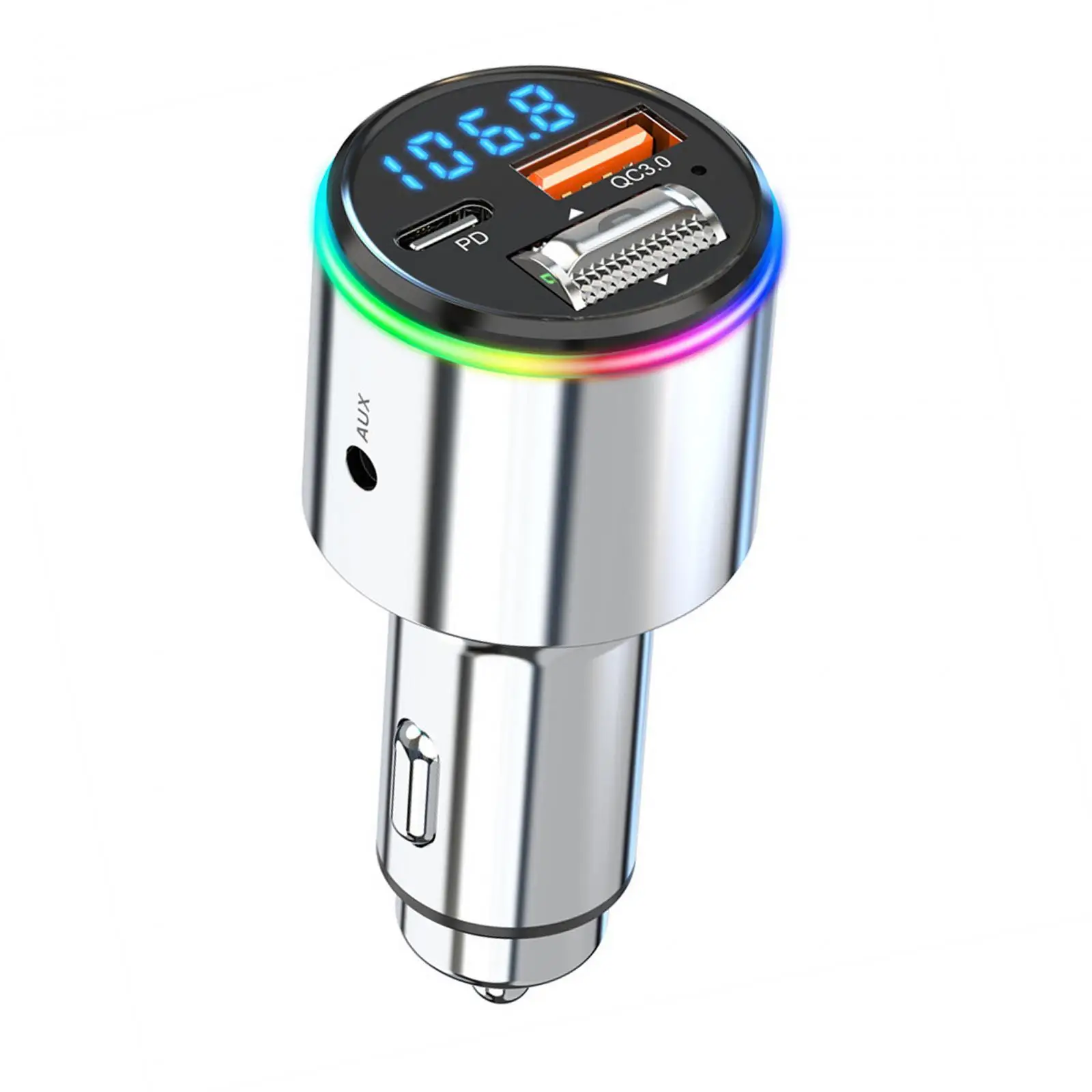 V5.3 FM Transmitter for Car Hands Free Calling BC1.2 with Mic with RGB Color AUX Input Output Bluetooth Car Adapter for SUV