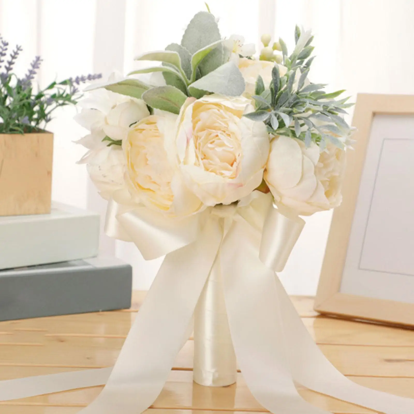 White Artificial Peony Flowers Bridal Wedding Bouquets exquisite Decor Ribbon Tassel