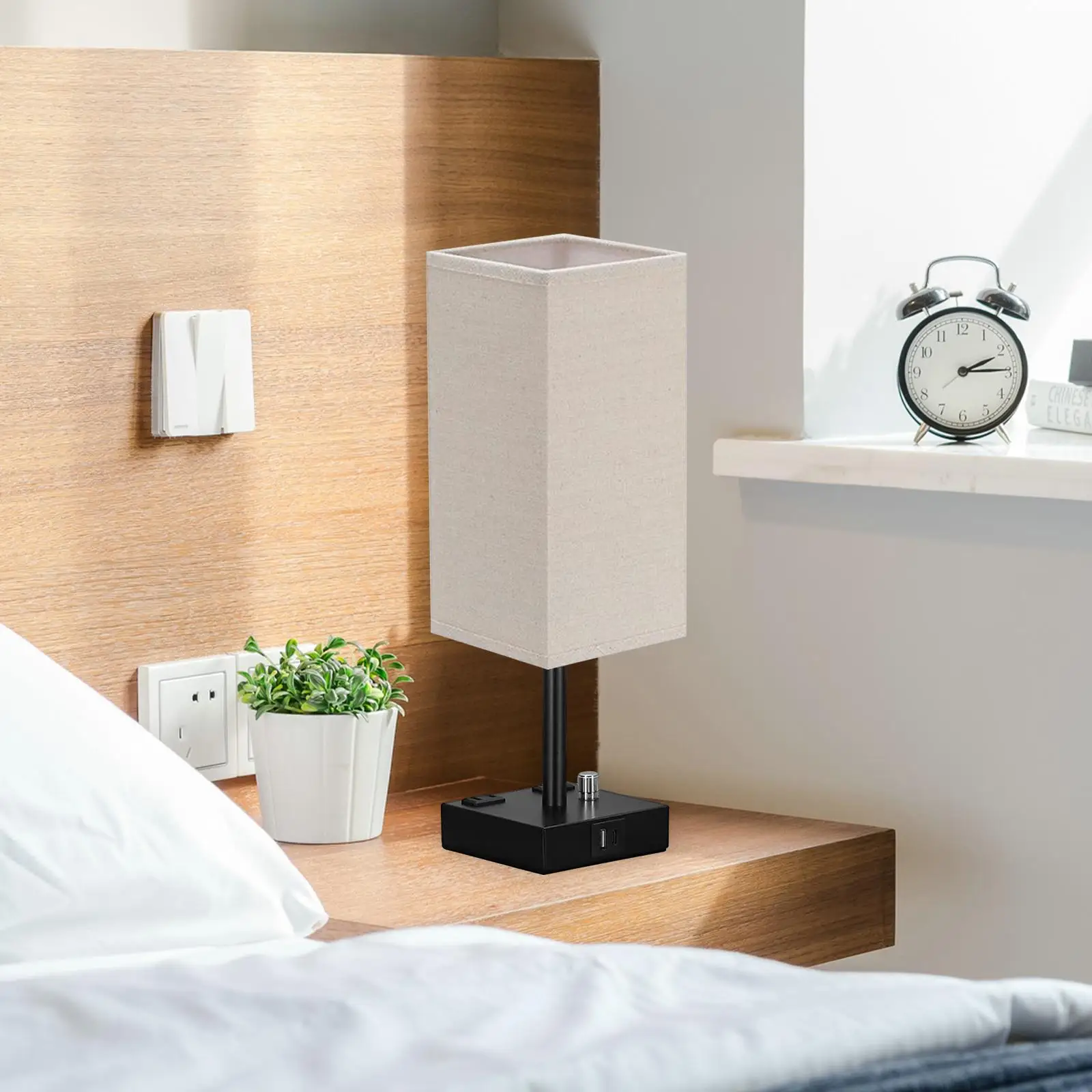 Bedside Lamp with USB Port with Outlet with Black Metal Base Bedroom Lamp