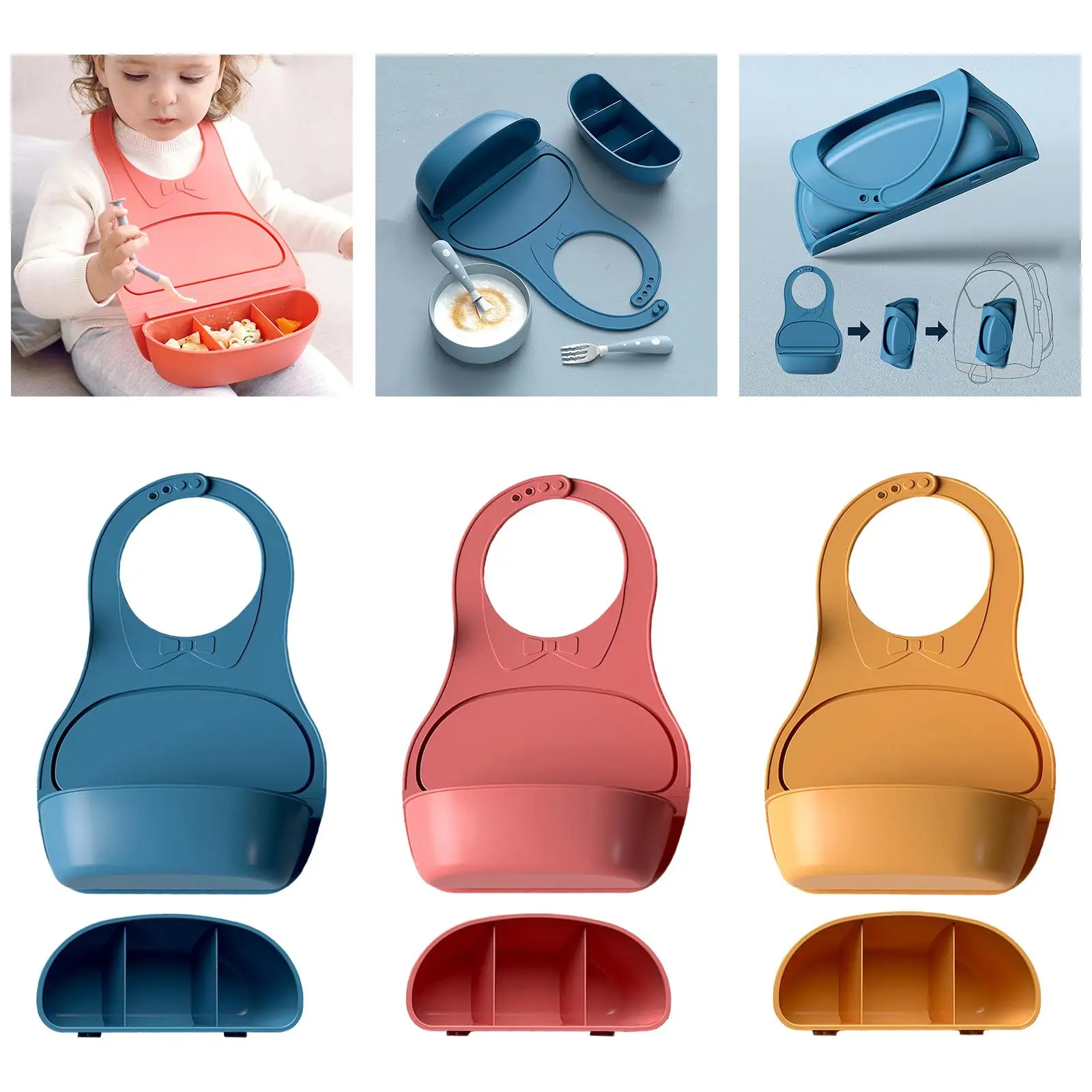 Silicone Baby Bibs Waterproof Easy to Clean Large Food Collector Adjustable Baby Feeding Baby Plate for Babies Travel