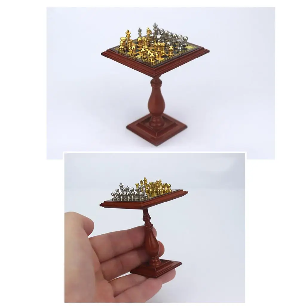 1:12 Dollhouse Miniature Chessboard Chess Game Set - Silver + Gold - Approx.4.8