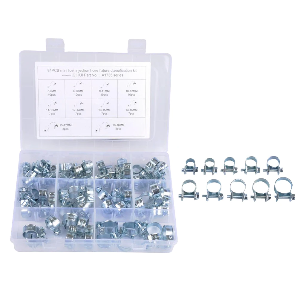 84Pcs 10 Sizes 304 Stainless Steel Mini Fuel Injection Style Hose Clamp