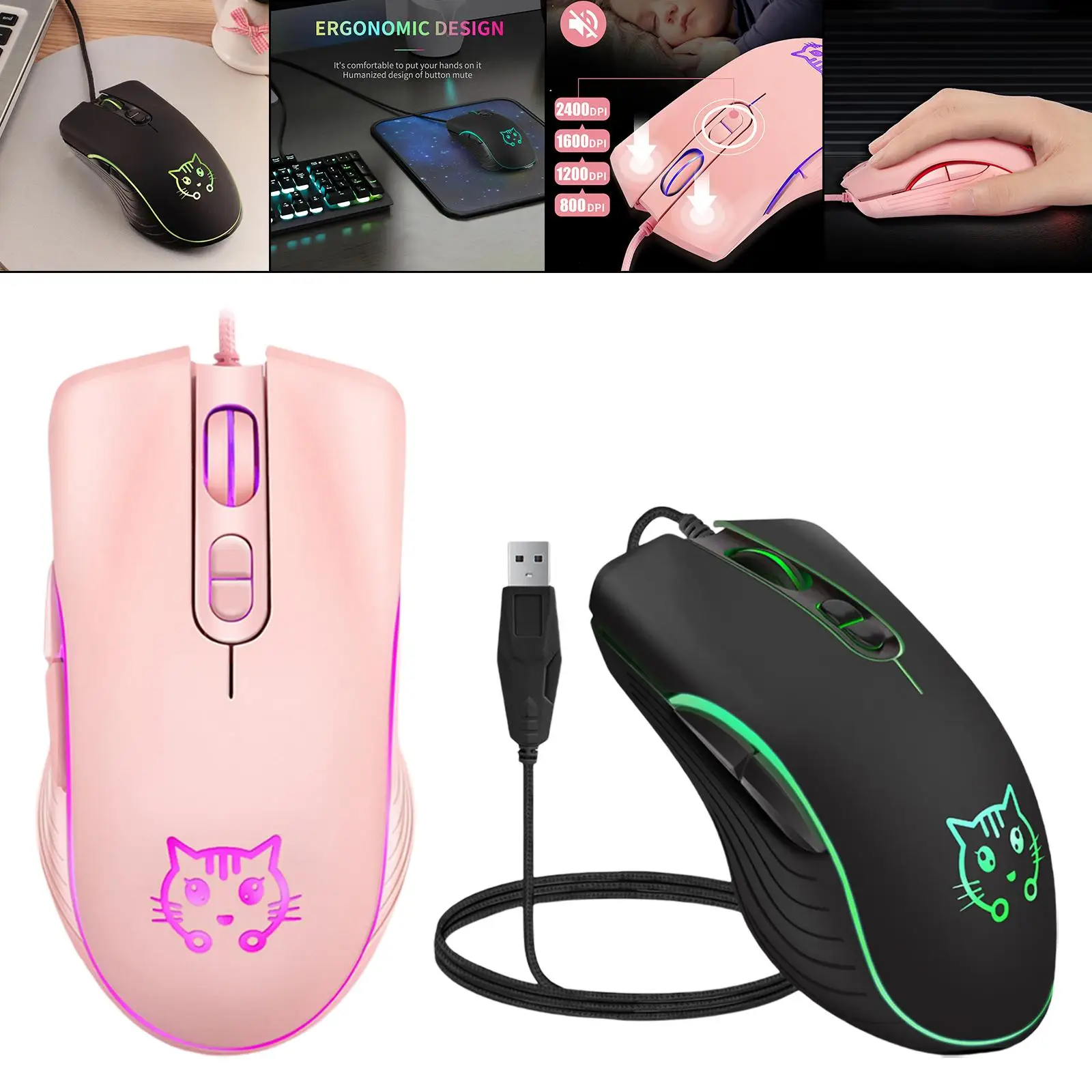 Cute  USB Gaming Mouse, RGB Breathing Lights, Mute Anti- Ergonomic Optical Mice, for  Desktop 4 Adjustable DPI up to 2400