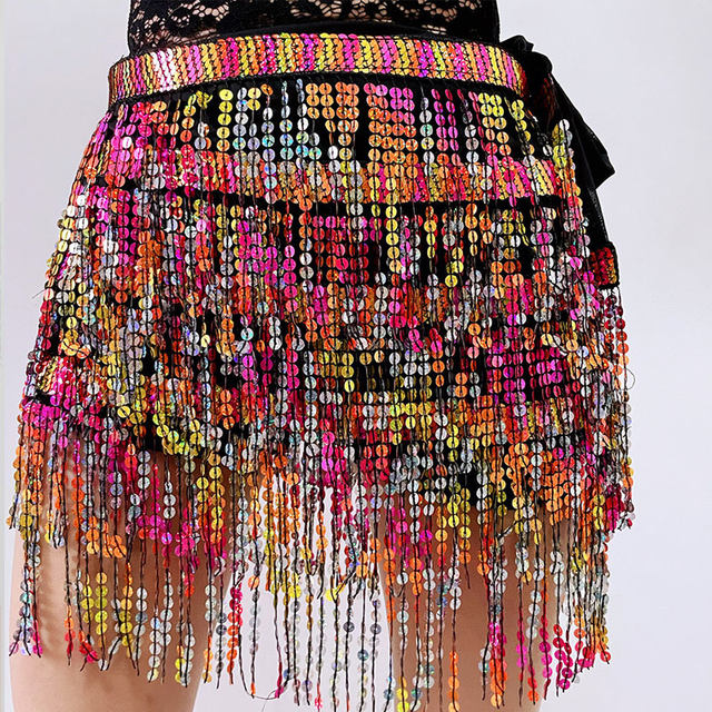Jupe à Franges Pailletées - Jupe Portefeuille Scintillante Pour Fêtes, Festivals & Danse Du Ventre | Rose Taille Unique - 9