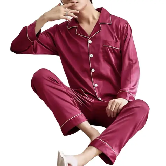  discountstore145 Men Imitation Silk Pajama Set Print Shirt Long  Pants Sleepwear Nightwear Deep Blue L : Clothing, Shoes & Jewelry