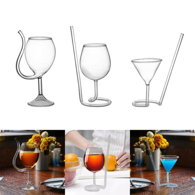 2 Piece Wine Cocktail Goblet Glass with Built-in Straw